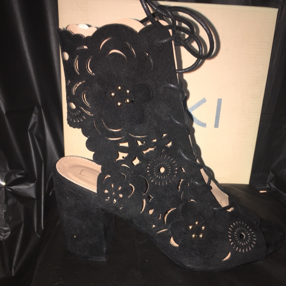 Black floral cut out heels